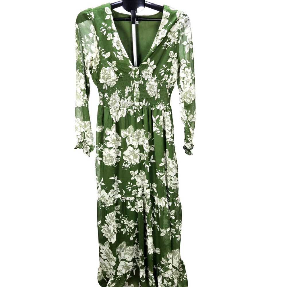 Women's Medium Green Floral Smocked Tiered‎ Maxi Dress Boho Garden Party Cottage - Picture 2 of 5
